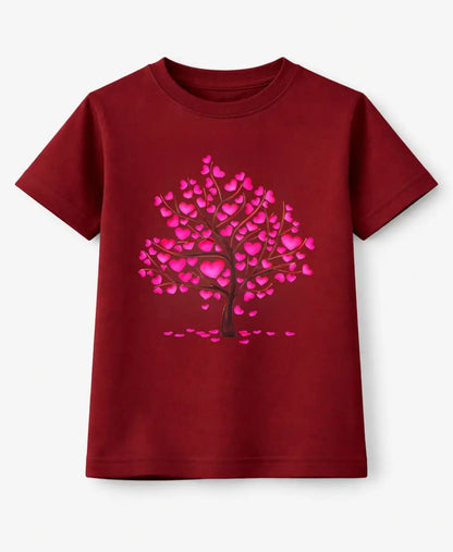 Red t-shirt with a pink heart tree design on a white background