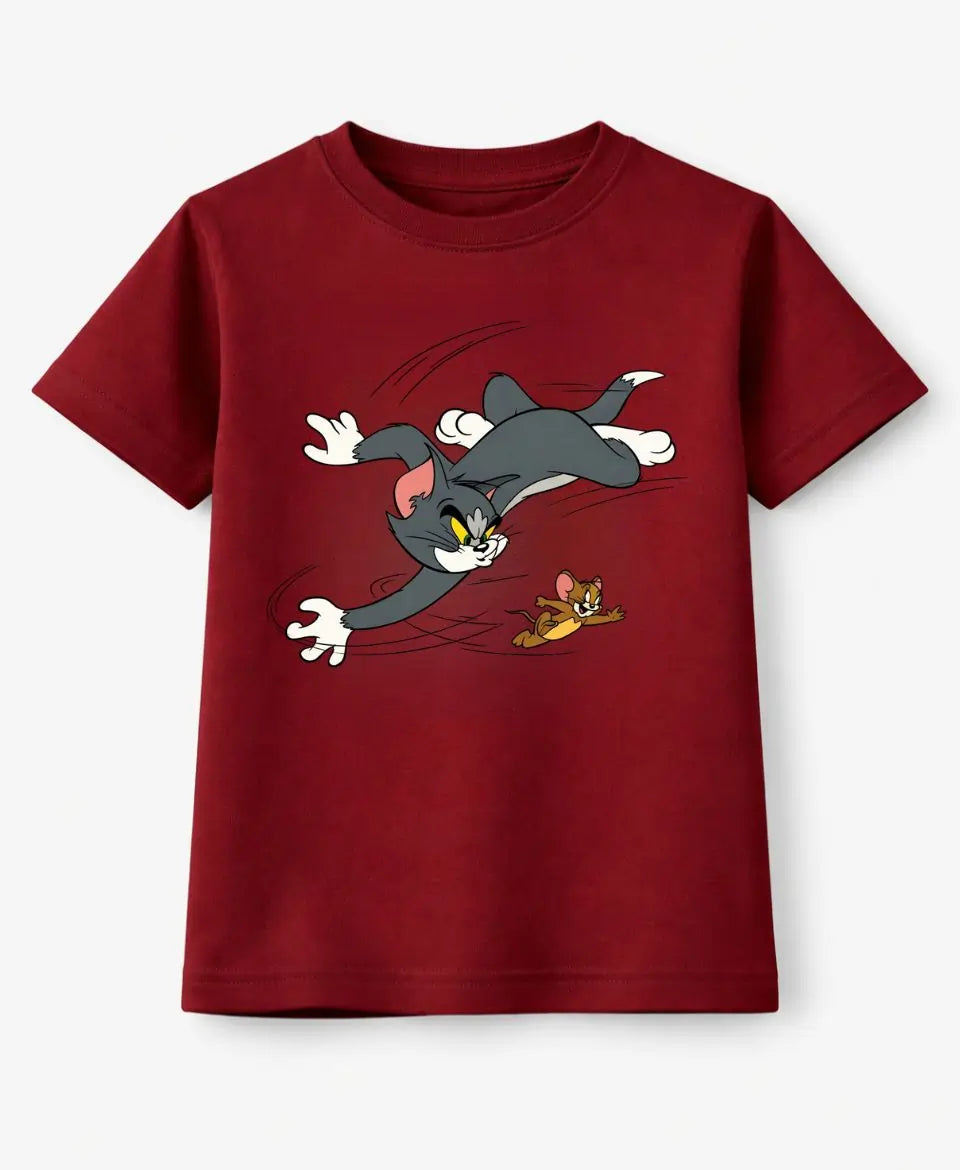 Red t-shirt with cartoon character design on a white background