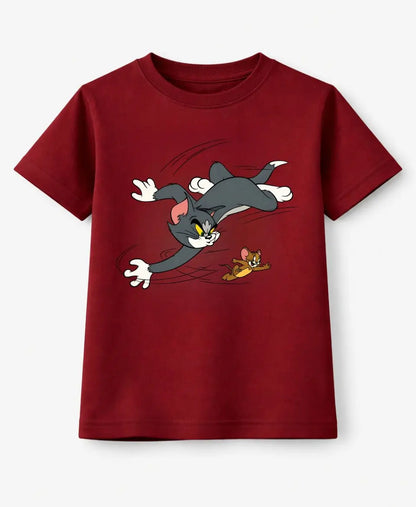 Red t-shirt with cartoon character design on a white background