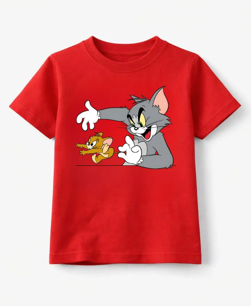 Red t-shirt with cartoon character design on a white background
