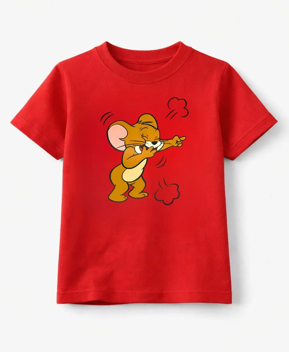 Red t-shirt with cartoon character on a white background
