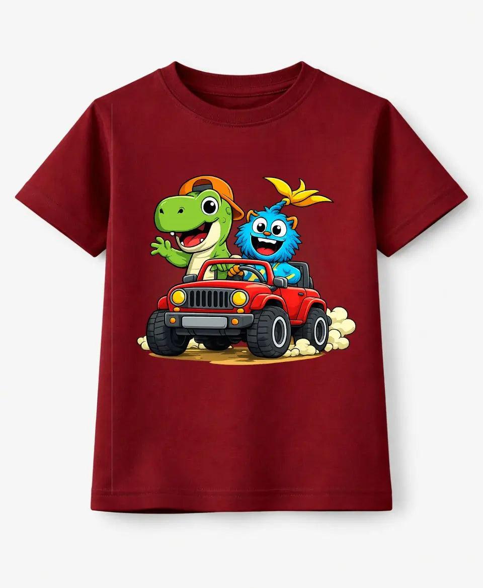 Red t-shirt with cartoon characters driving a jeep on a white background