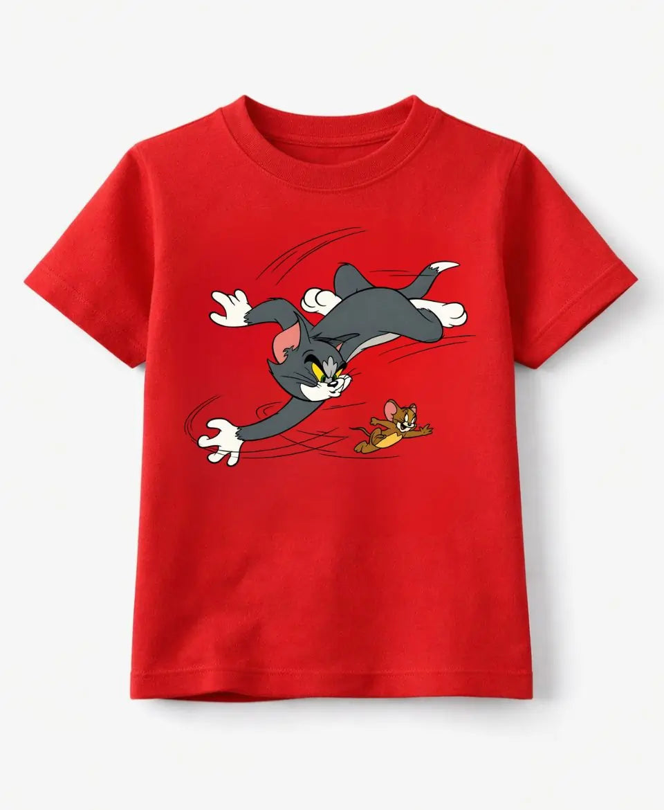 Red t-shirt with cartoon characters on a white background