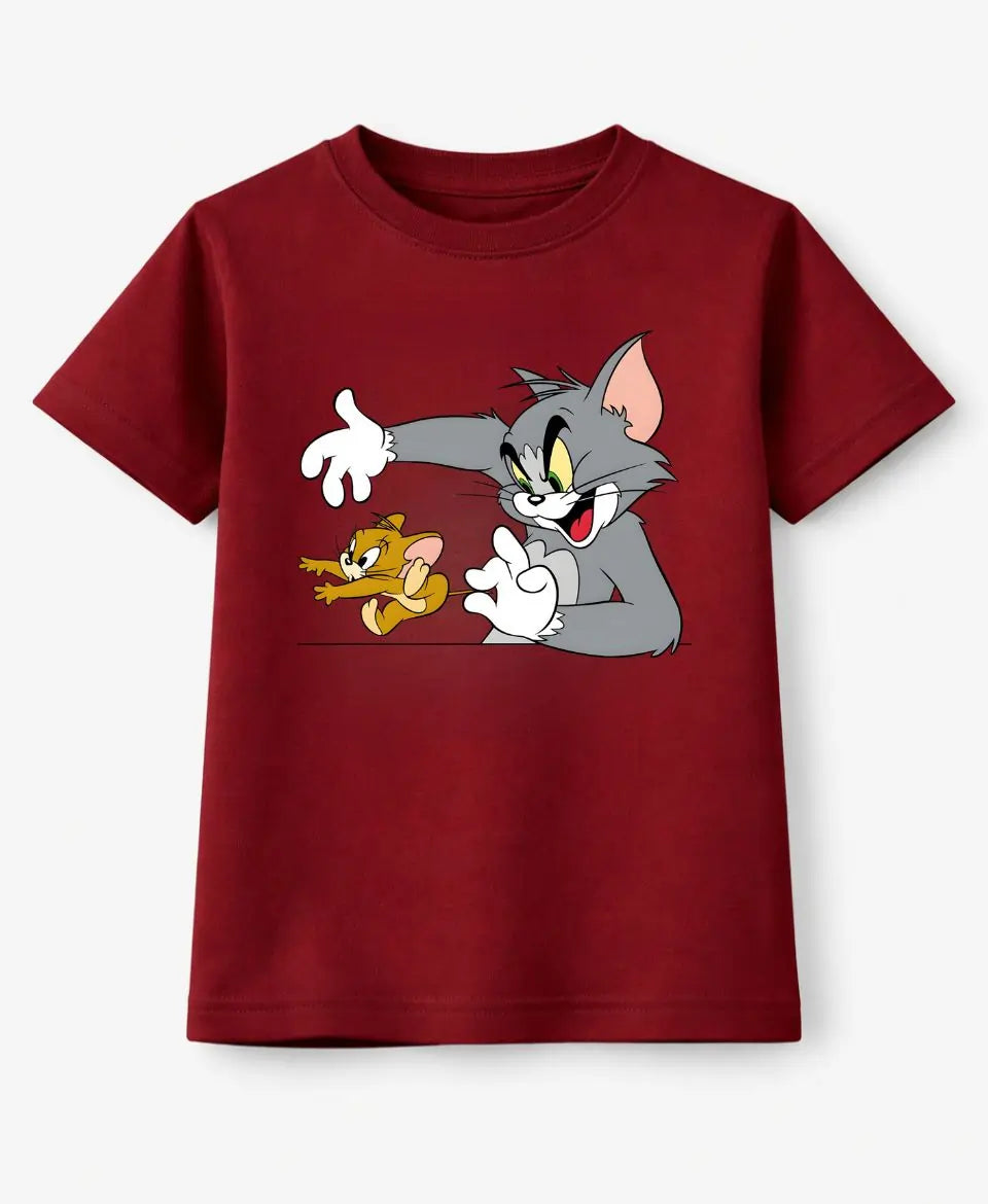 Red t-shirt with cartoon characters on a white background