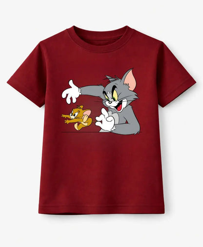Red t-shirt with cartoon characters on a white background