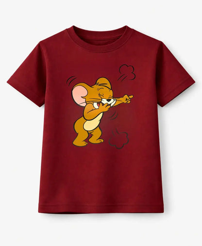 Red t-shirt with cartoon mouse design on a white background