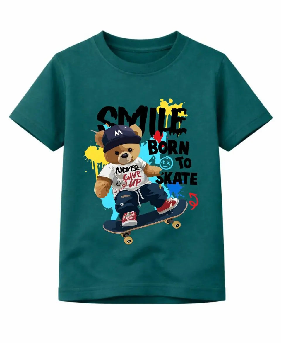 Teal t-shirt with a bear graphic and text on a white background