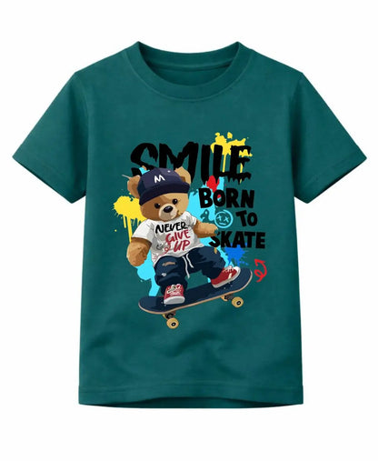 Teal t-shirt with a bear graphic and text on a white background