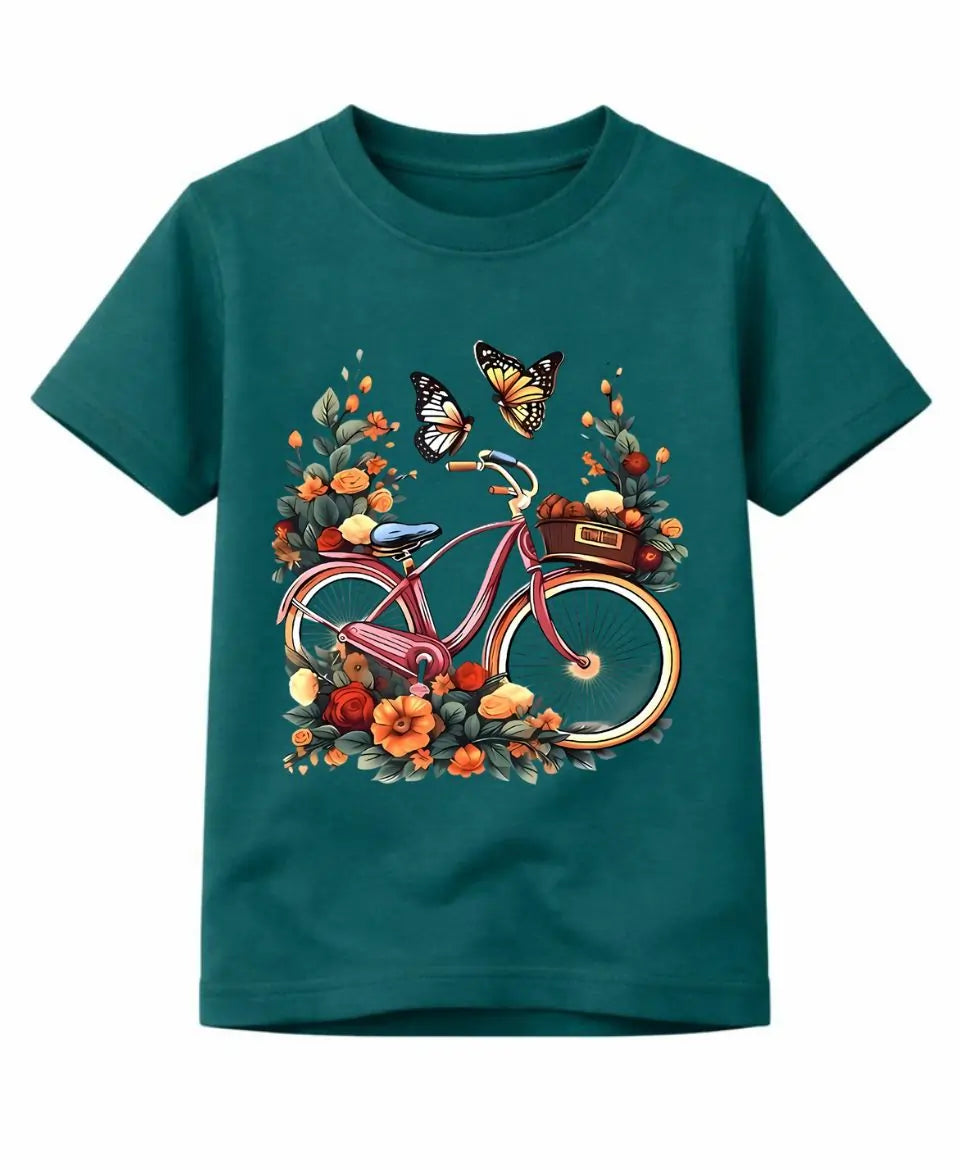 Teal t-shirt with a bicycle and floral design on a white background