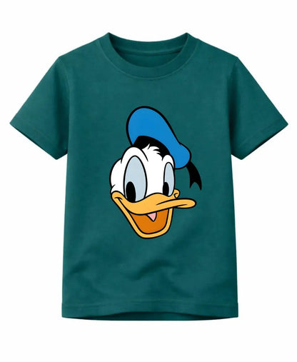 Teal t-shirt with a cartoon character face on a white background