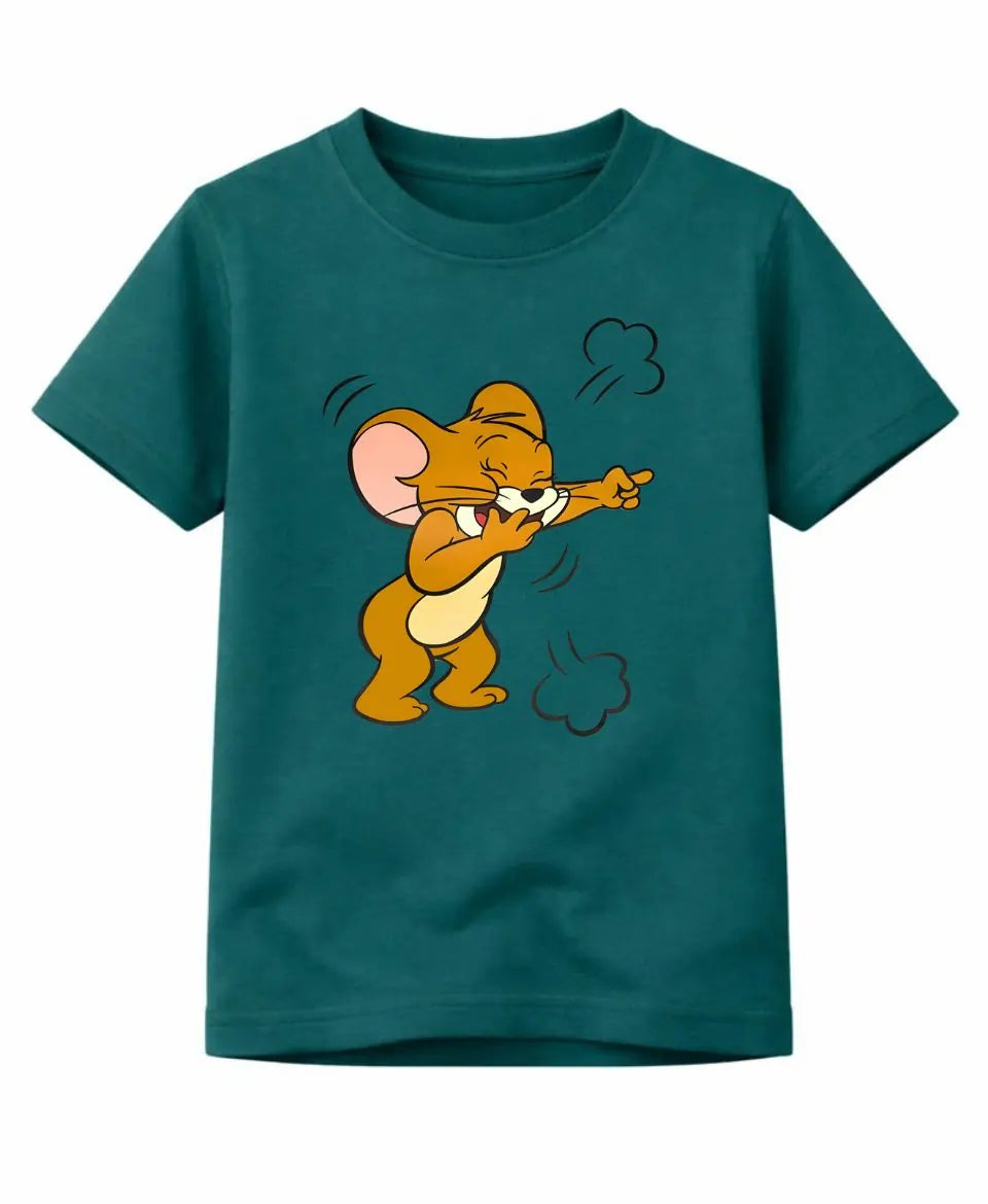 Teal t-shirt with a cartoon character on a white background