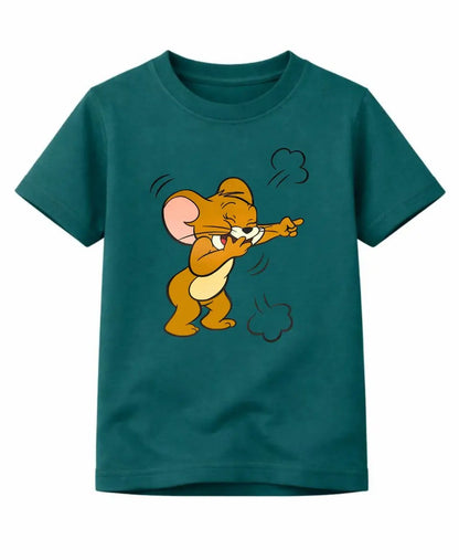 Teal t-shirt with a cartoon character on a white background