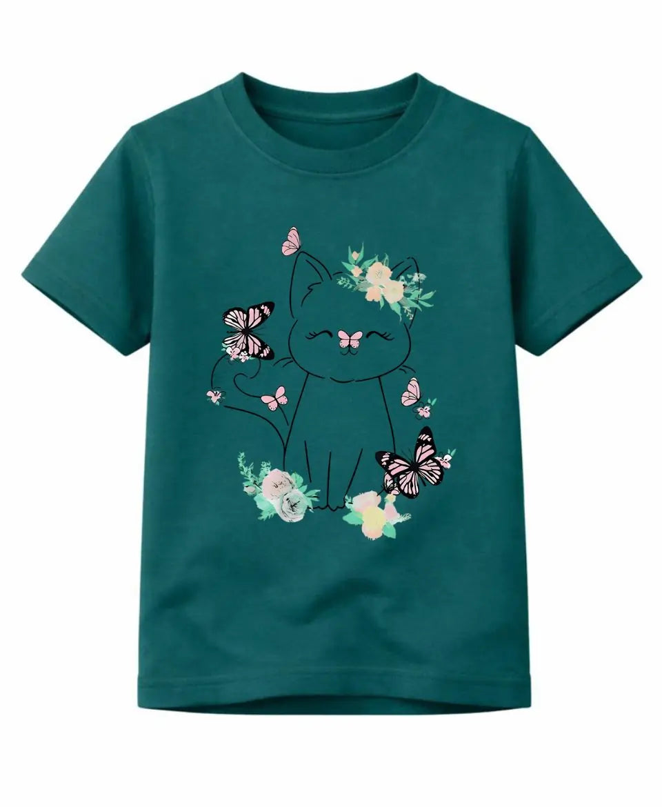 Teal t-shirt with a cat design featuring flowers and butterflies on a white background