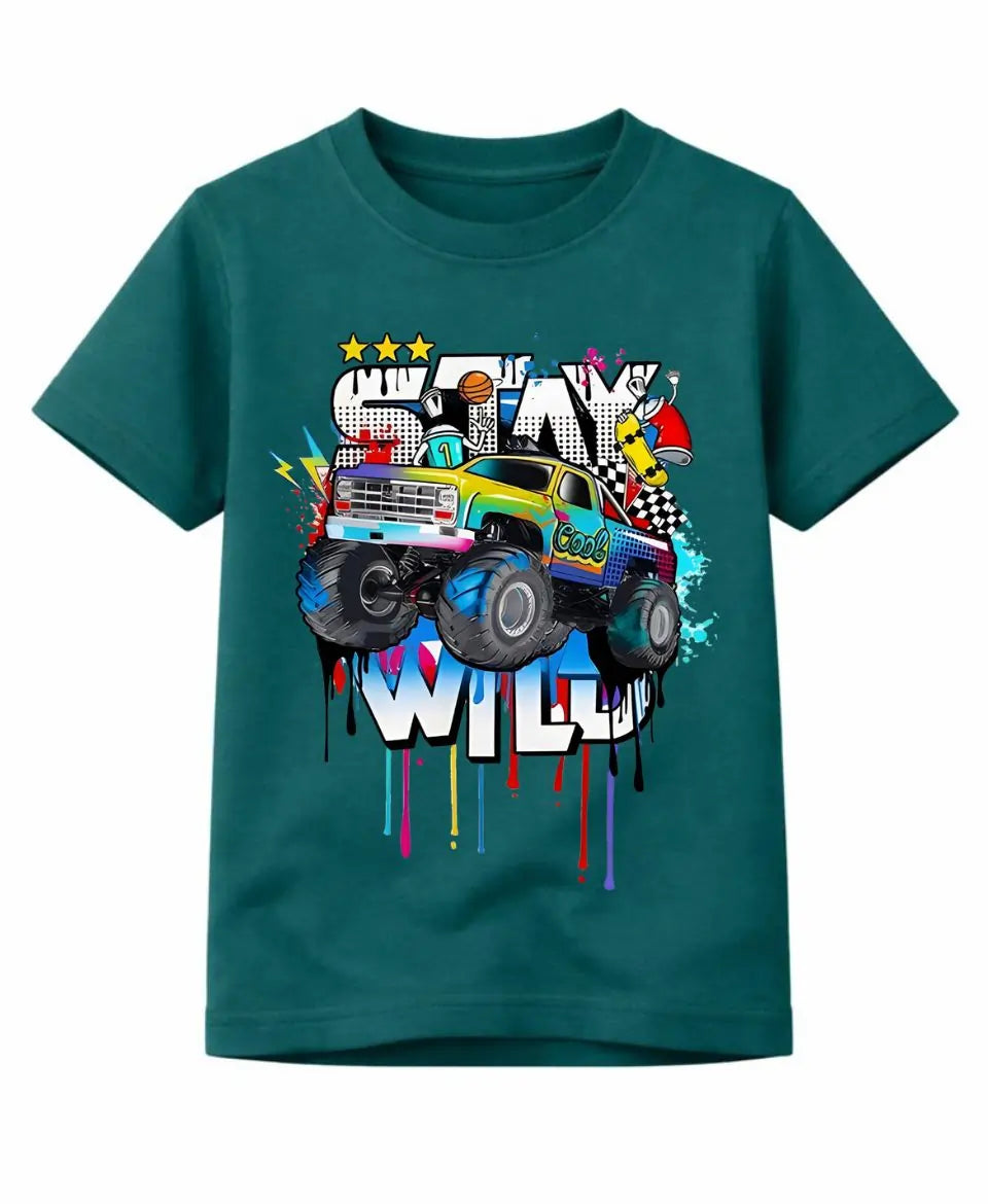 Teal t-shirt with a colorful monster truck graphic and 'Stay Wild' text on a white background