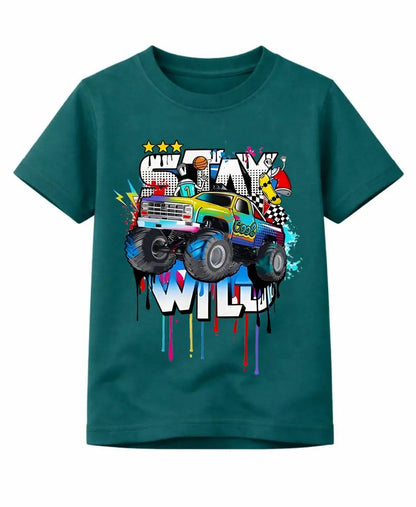 Teal t-shirt with a colorful monster truck graphic and 'Stay Wild' text on a white background