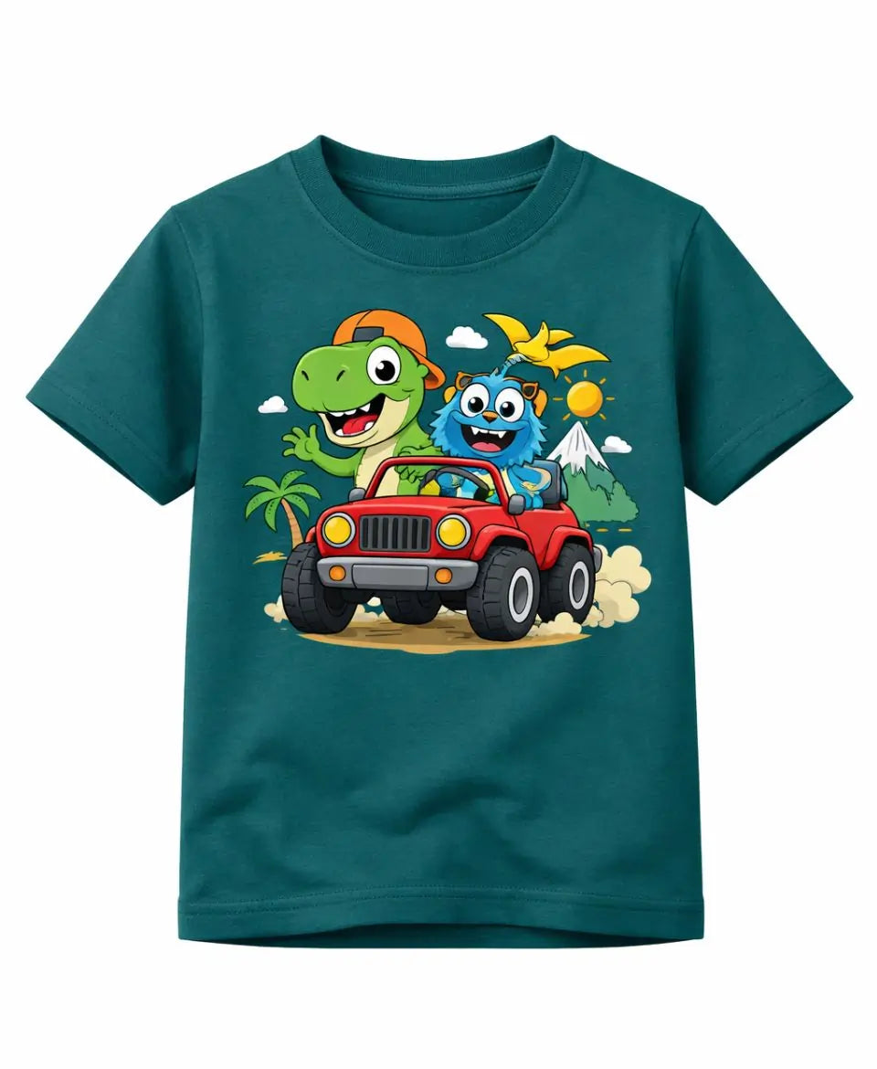 Teal t-shirt with cartoon characters driving a jeep on a white background