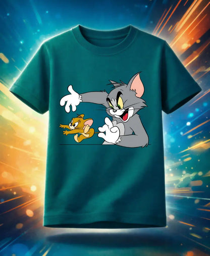 Teal t-shirt with cartoon characters on a colorful background