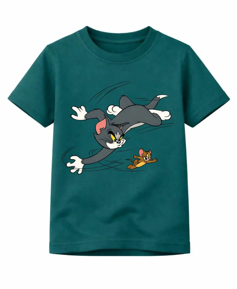Teal t-shirt with cartoon characters on a white background