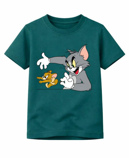 Teal t-shirt with cartoon characters on a white background