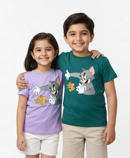 Two children wearing Tom and Jerry-themed t-shirts on a white background