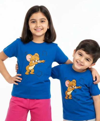 Two children wearing blue t-shirts with cartoon character designs on a white background