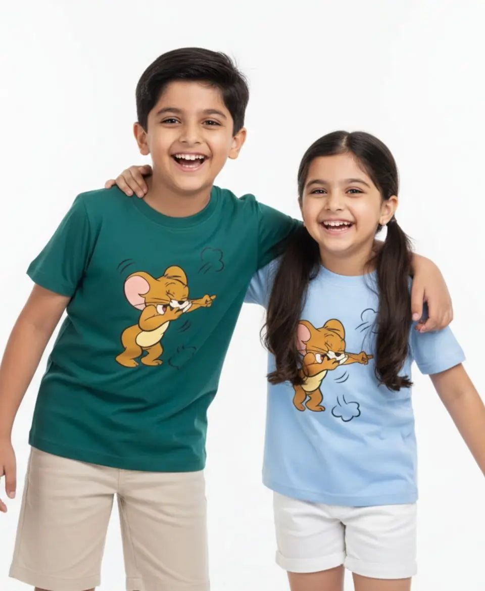 Two children wearing t-shirts with cartoon characters on a white background