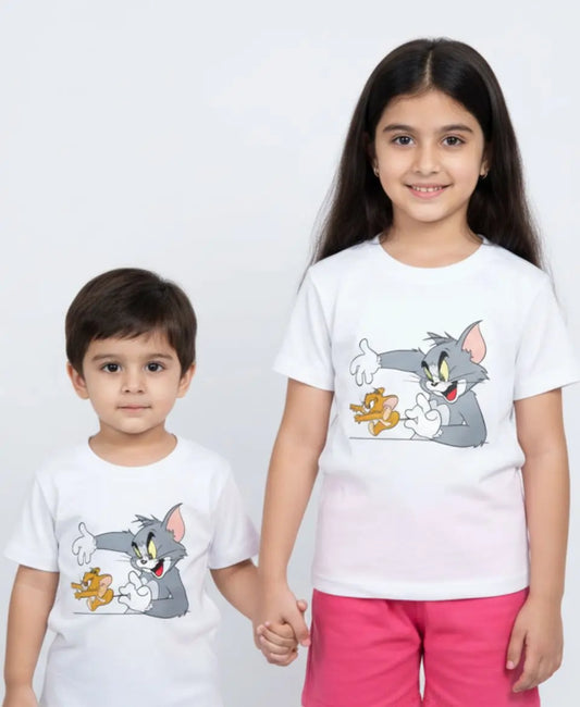 Two children wearing white t-shirts with cartoon character prints on a white background
