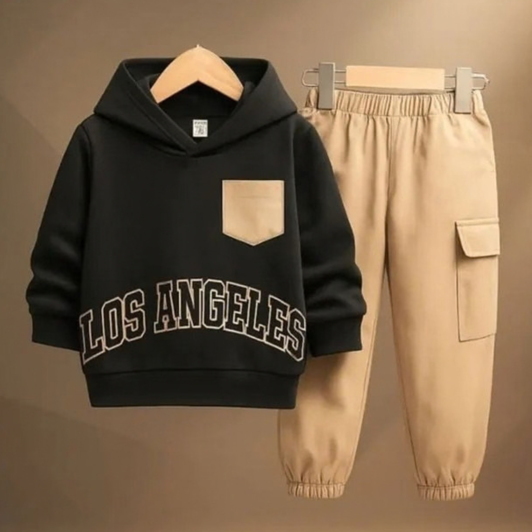 Unisex Kids Fleece Hoodie & Trouser Set – Black & Beige “Los Angeles” Outfit