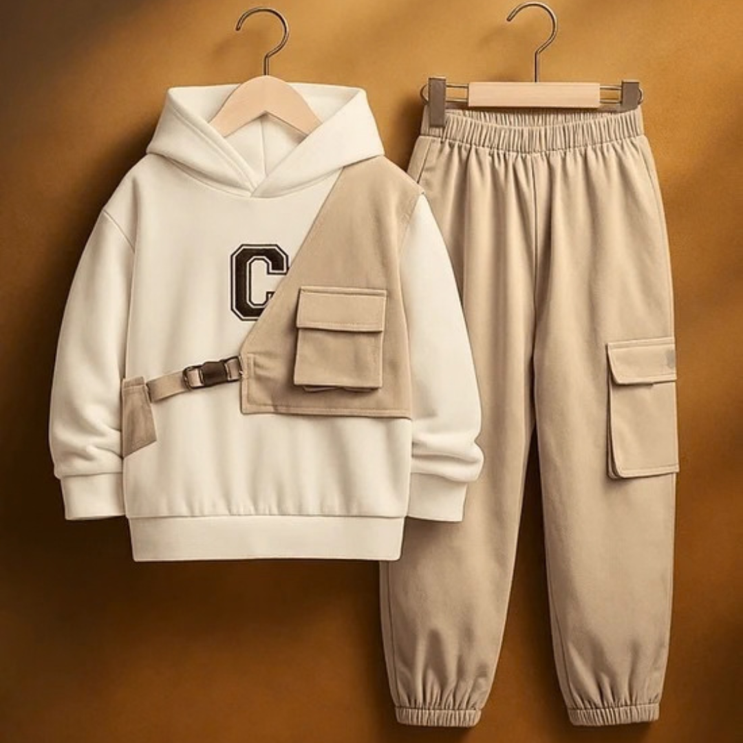 Unisex Kids Fleece Hoodie & Trouser Set – Matte Beige Winter Outfit