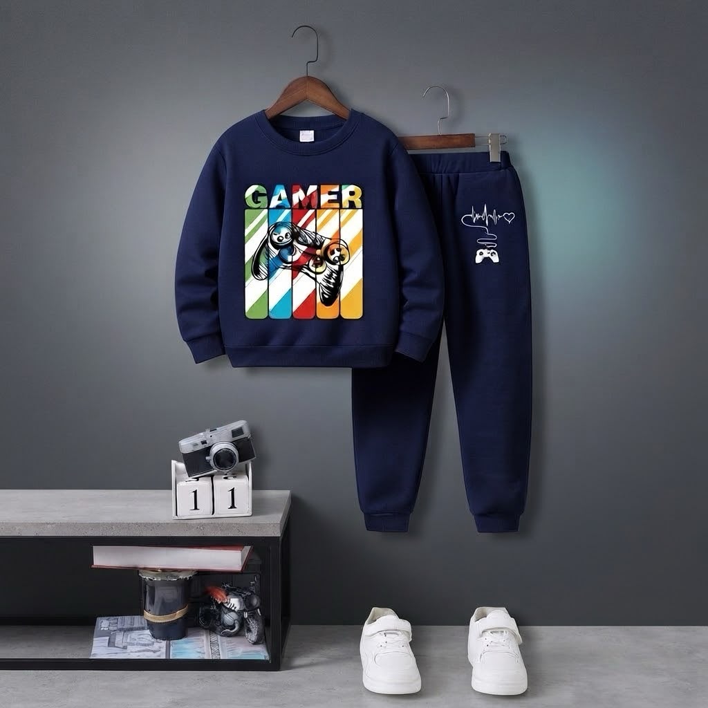Boys' Gamer Print Sweatshirt & Jogger Tracksuit Set – Navy Blue