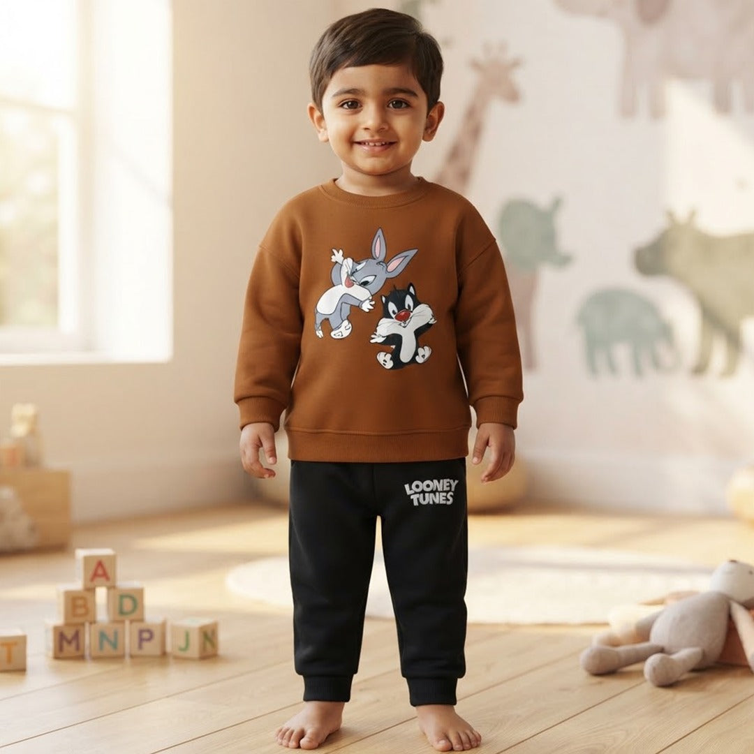 Boys’ Cartoon Printed Sweatshirt & Jogger Set – Brown & Black Winter Outfit