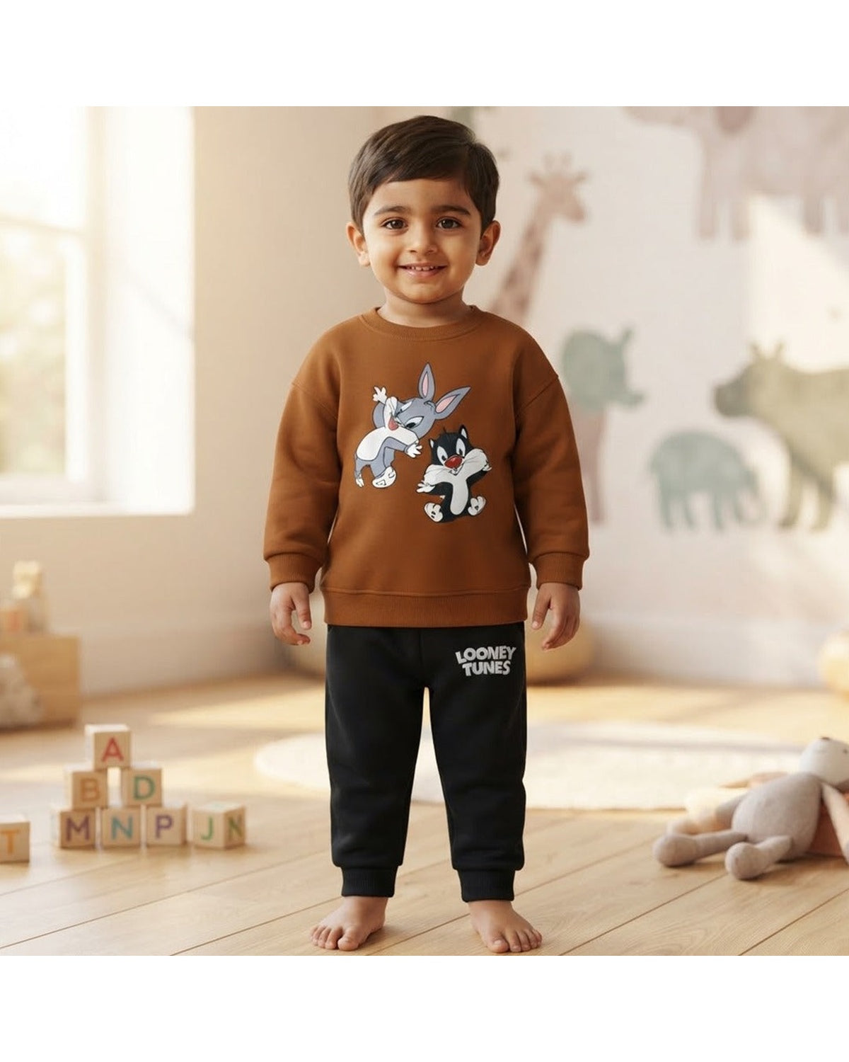 Boys’ Cartoon Printed Sweatshirt & Jogger Set – Brown & Black Winter Outfit