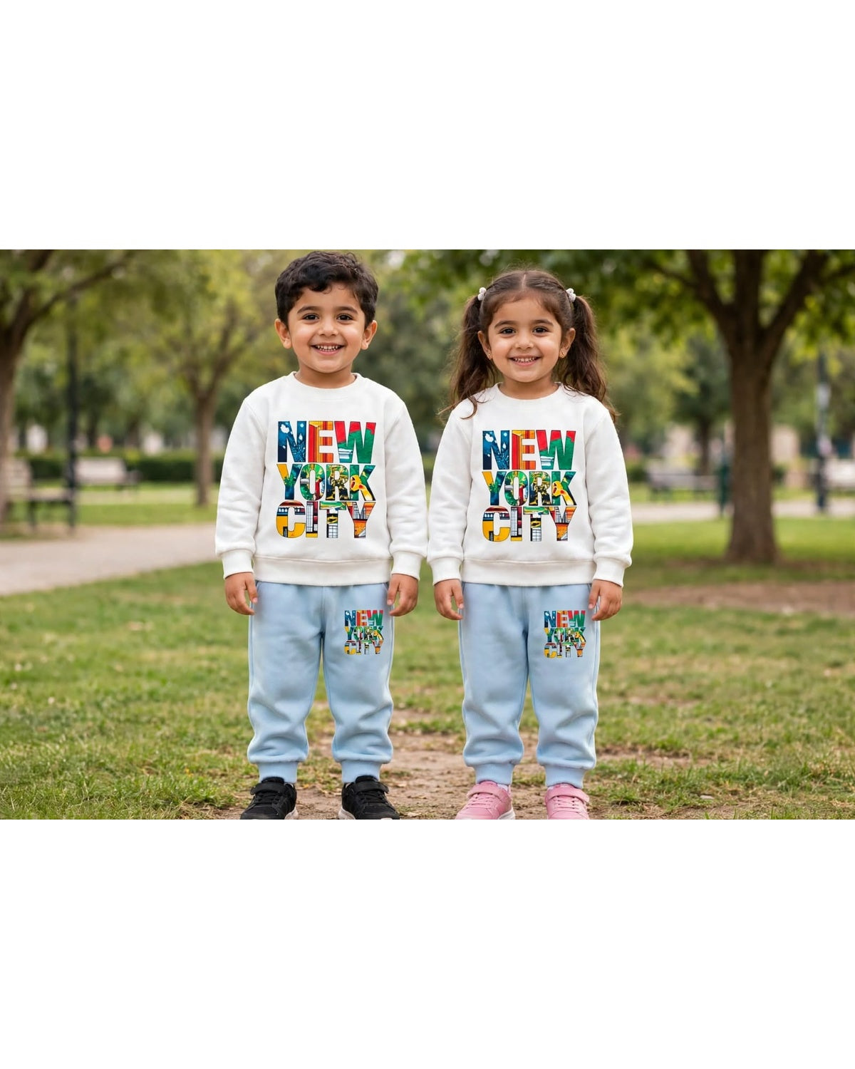 Kids Off-White "NEW YORK CITY" Graphic Sweatshirt & Light Blue Joggers Set | Winter Casual Wear