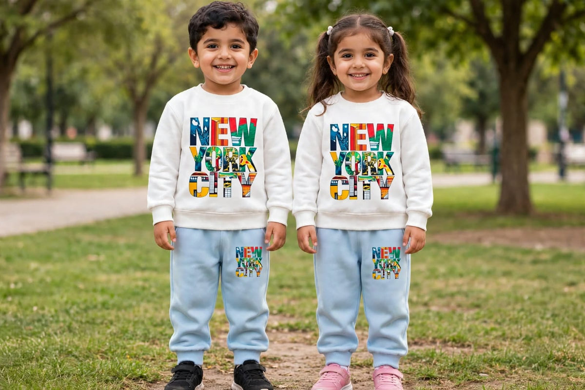 Kids Off-White "NEW YORK CITY" Graphic Sweatshirt & Light Blue Joggers Set | Winter Casual Wear