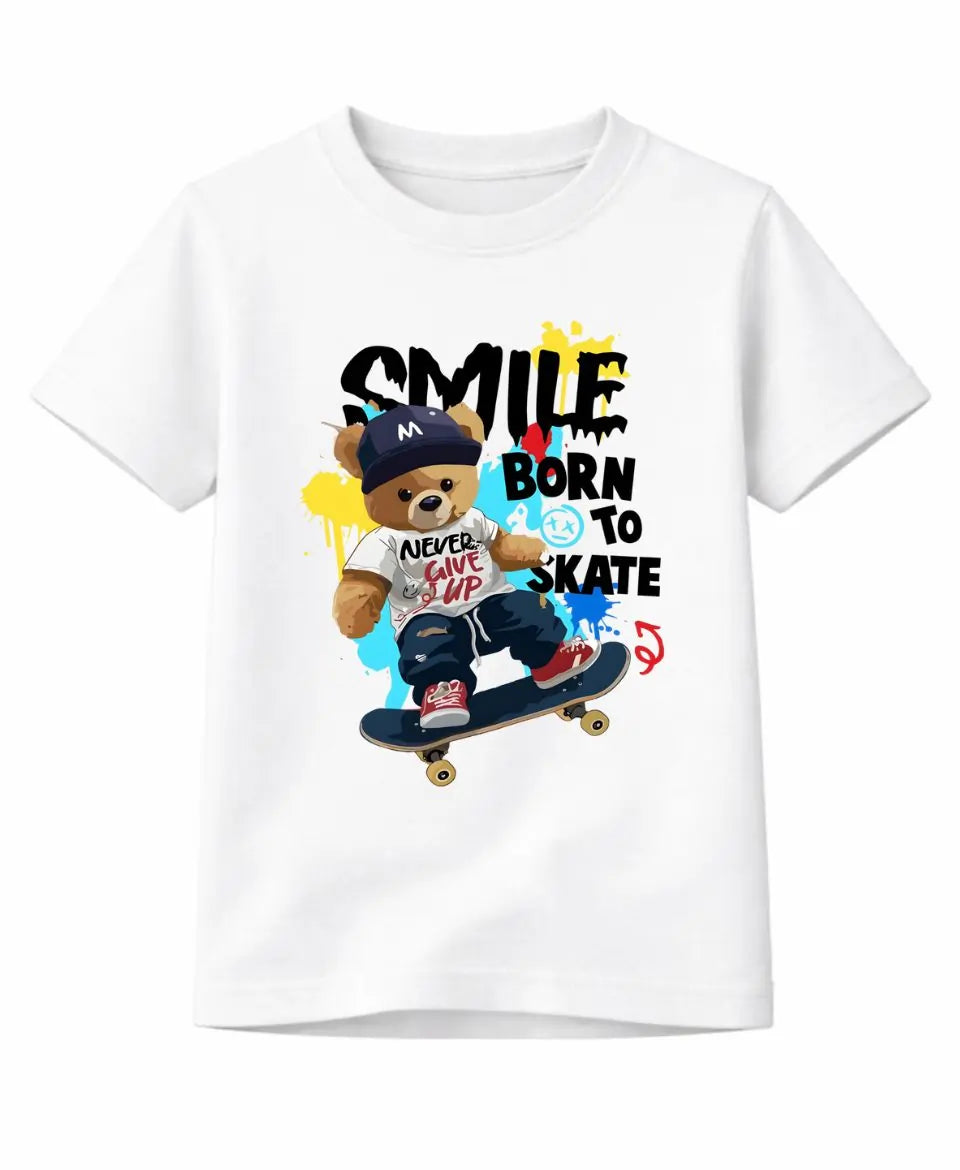 White t-shirt with a bear graphic and text on a white background