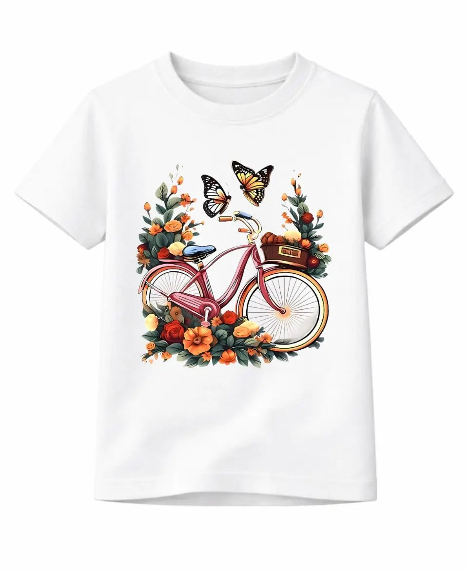 White t-shirt with a bicycle and floral design on a white background