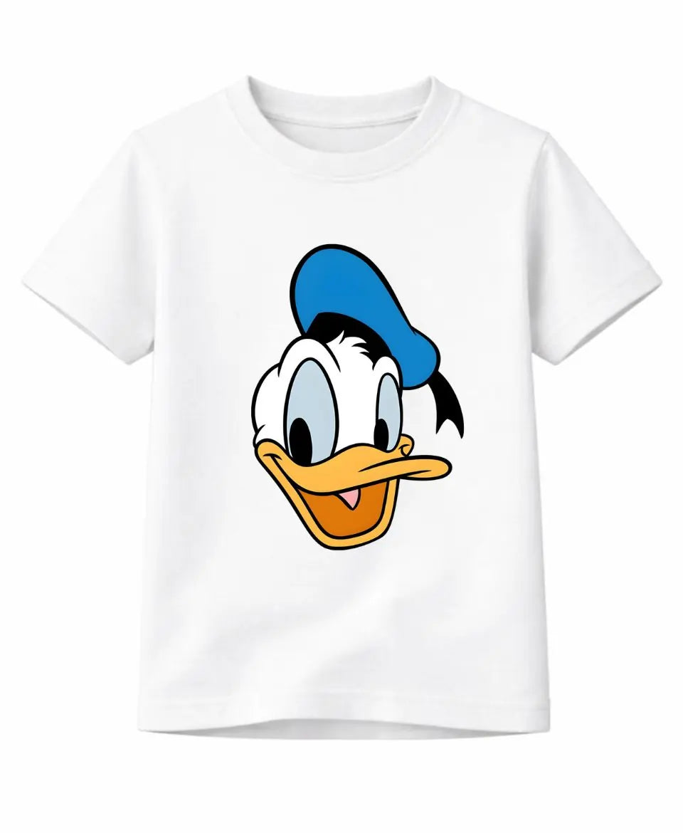 White t-shirt with a cartoon character face design on a white background