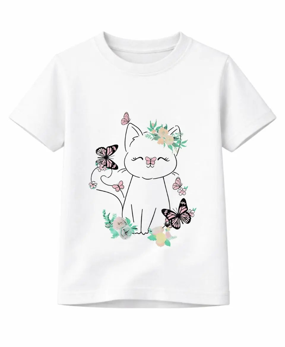 White t-shirt with a cat and floral design on a white background