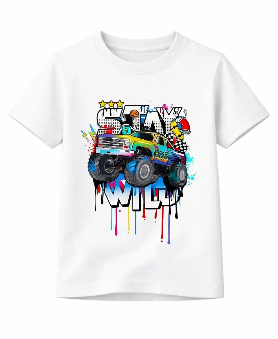 White t-shirt with a colorful monster truck graphic and text on a white background