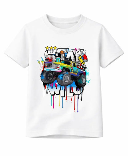 White t-shirt with a colorful monster truck graphic and text on a white background