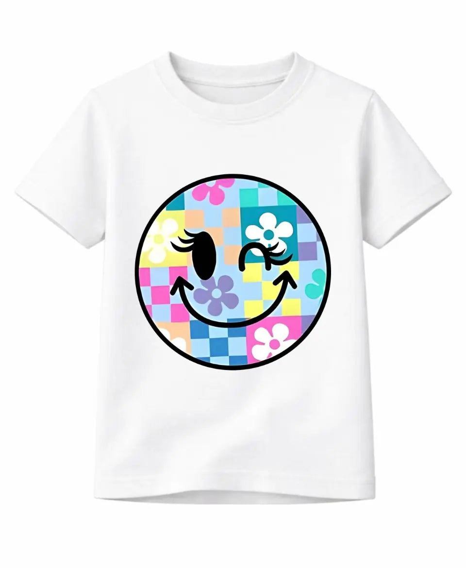 White t-shirt with a colorful smiley face design on a white background
