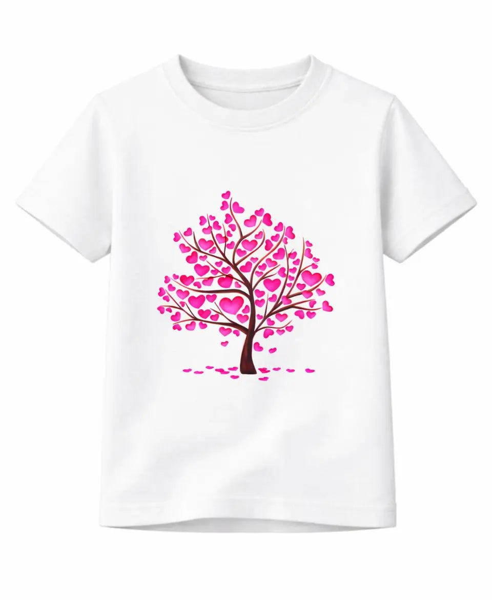 White t-shirt with a pink heart-shaped tree design on a white background