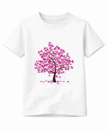 White t-shirt with a pink heart-shaped tree design on a white background