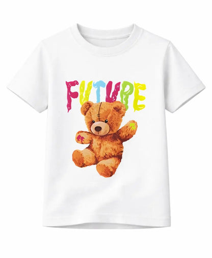White t-shirt with a teddy bear and colorful 'FUTURE' text on a white background