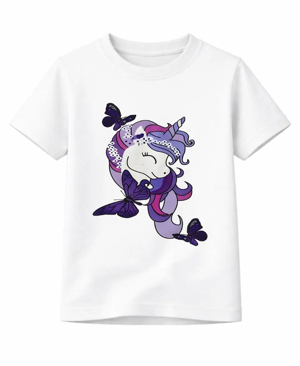 White t-shirt with a unicorn and butterfly design on a white background