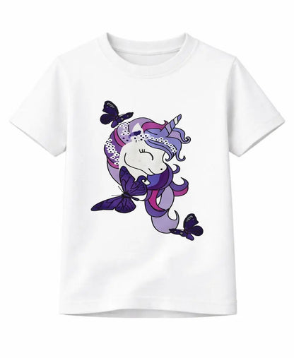 White t-shirt with a unicorn and butterfly design on a white background
