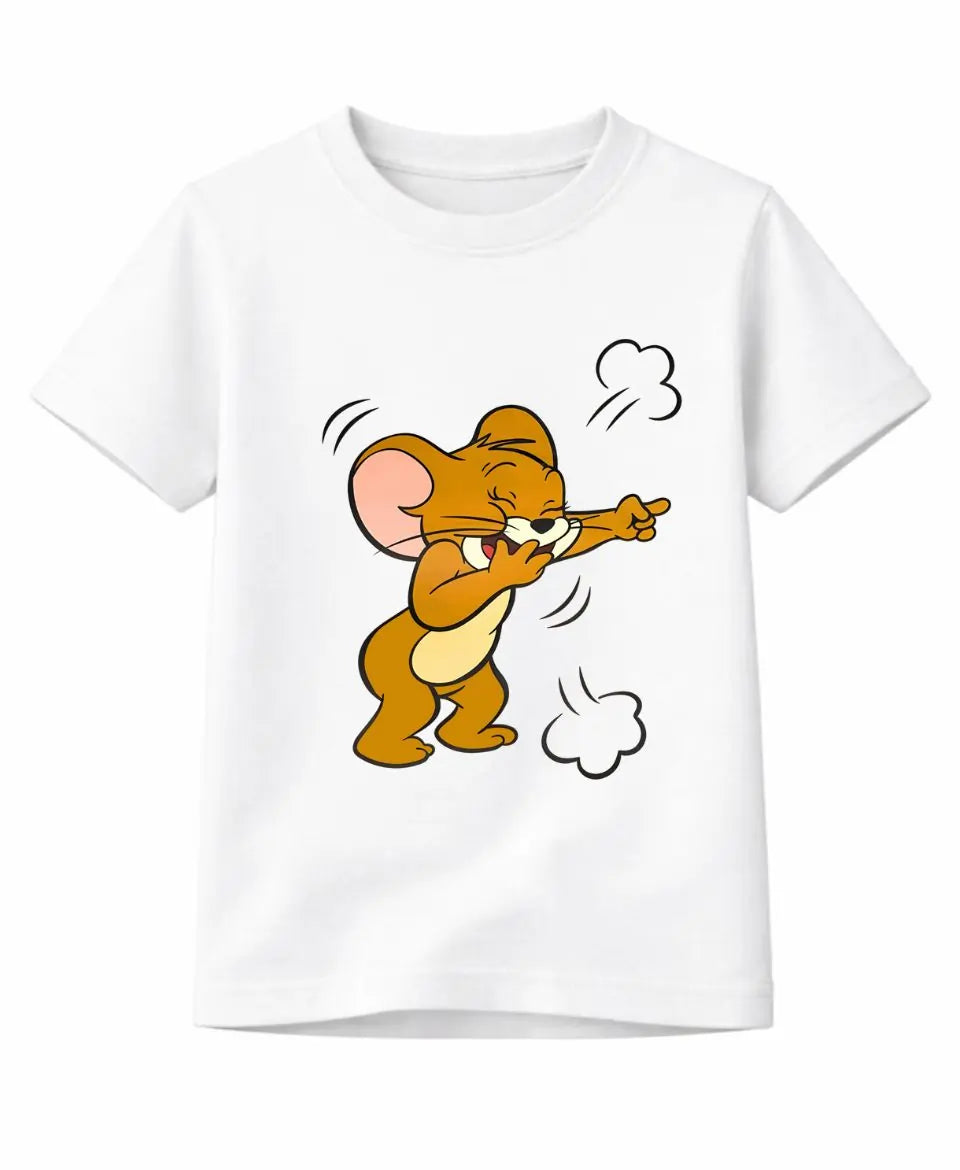 White t-shirt with cartoon character design on a white background