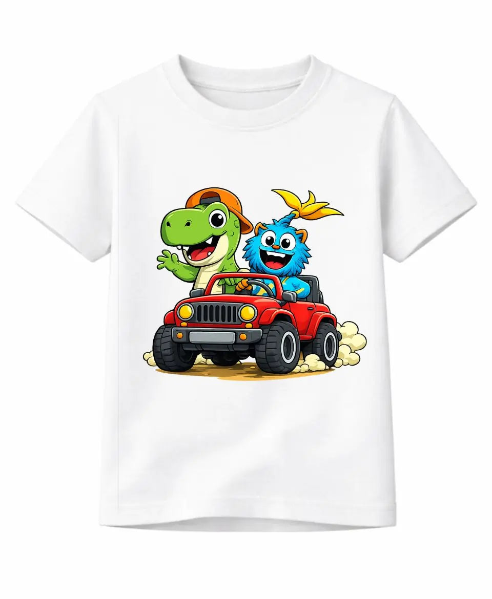 White t-shirt with cartoon characters driving a red jeep on a white background