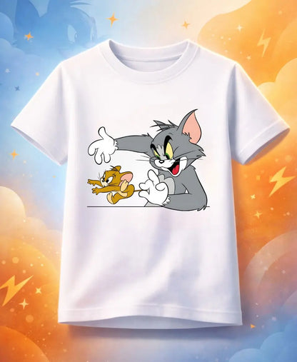 White t-shirt with cartoon characters on a colorful background