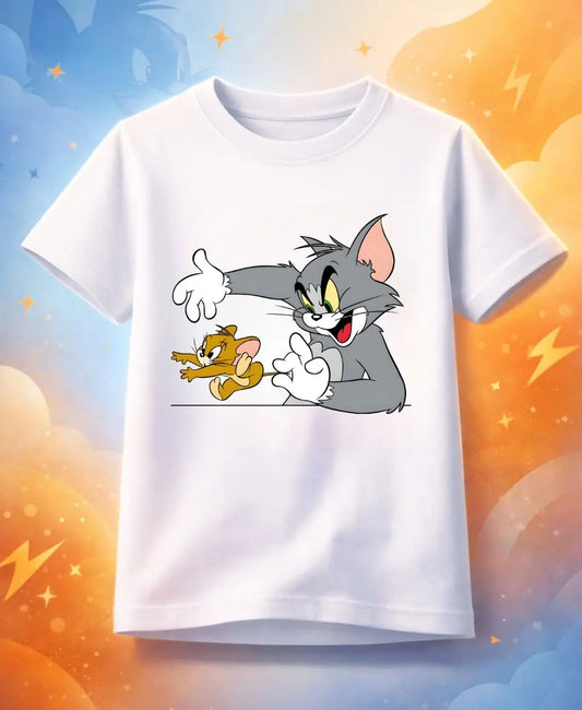 White t-shirt with cartoon characters on a colorful background